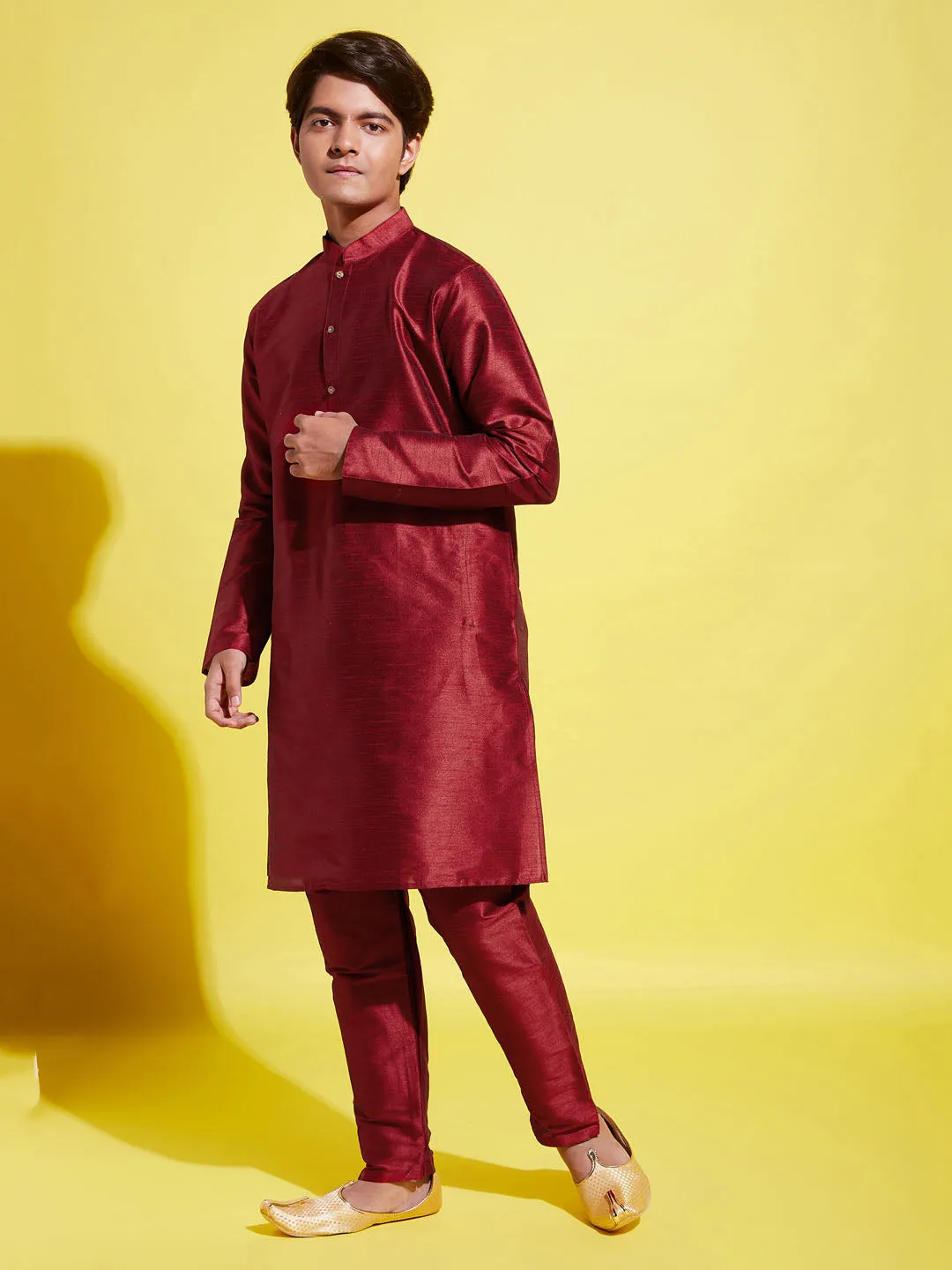 Jashvi Boys' Maroon Silk Blend Kurta and Pyjama Set