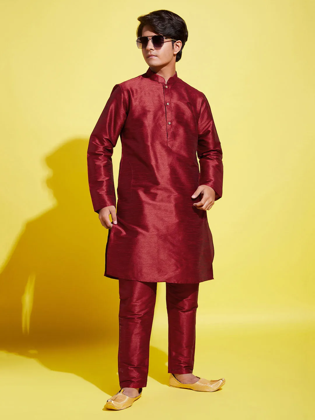 Jashvi Boys' Maroon Silk Blend Kurta and Pyjama Set