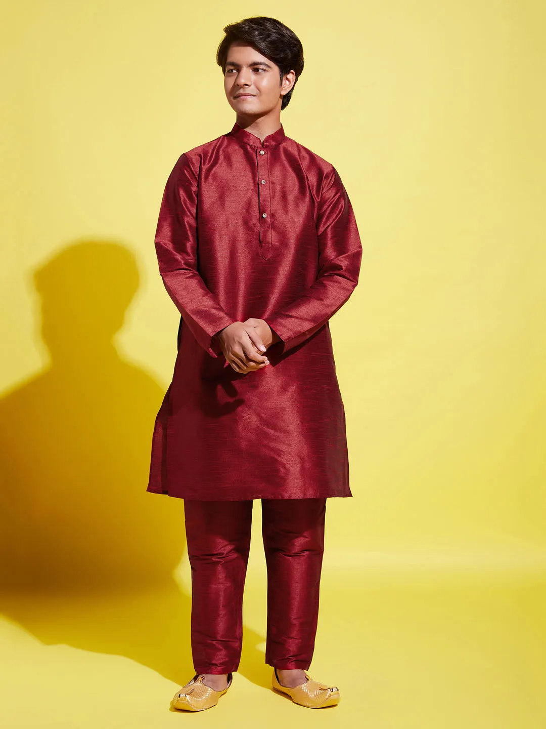 Jashvi Boys' Maroon Silk Blend Kurta and Pyjama Set