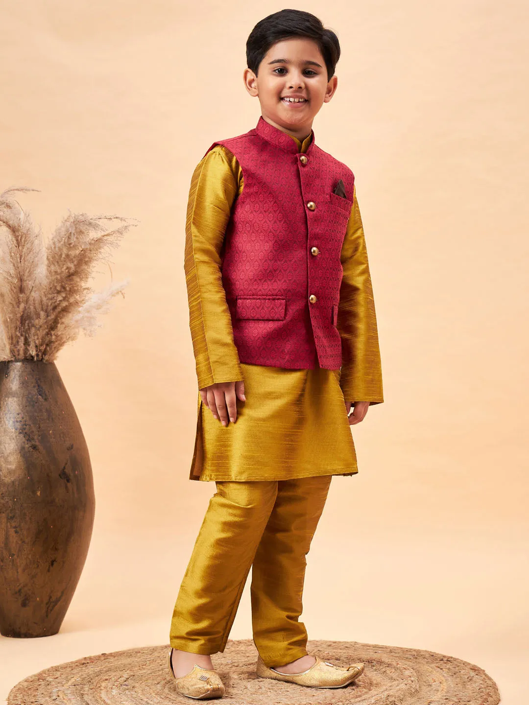 Jashvi Boy's Maroon Woven Jacket With Mustard Kurta and Pyjama Set