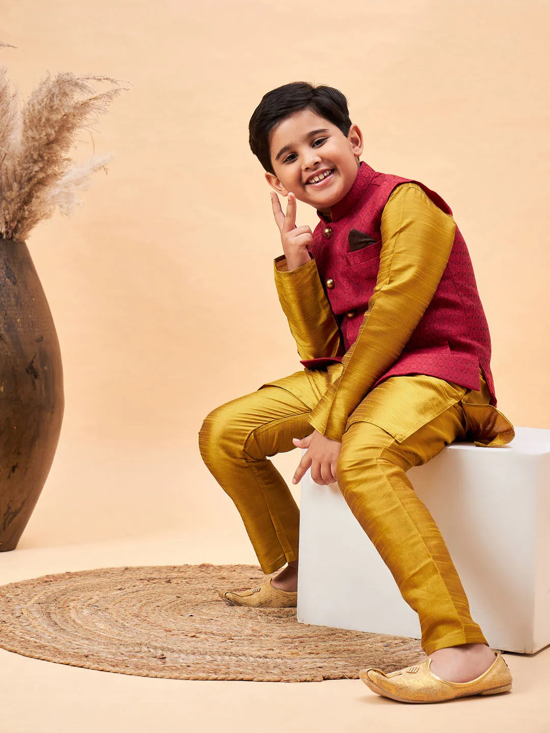 Jashvi Boy's Maroon Woven Jacket With Mustard Kurta and Pyjama Set