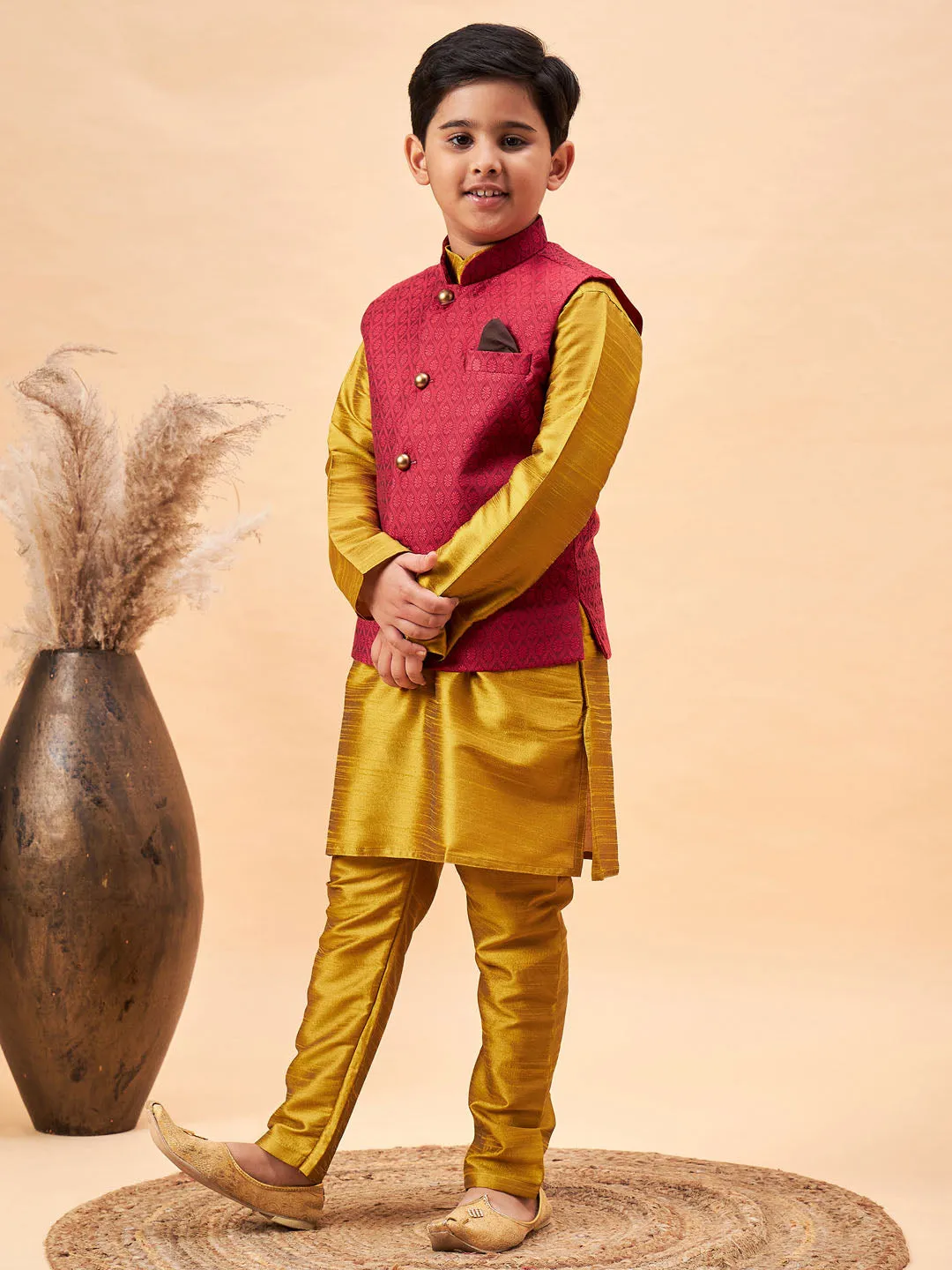 Jashvi Boy's Maroon Woven Jacket With Mustard Kurta and Pyjama Set