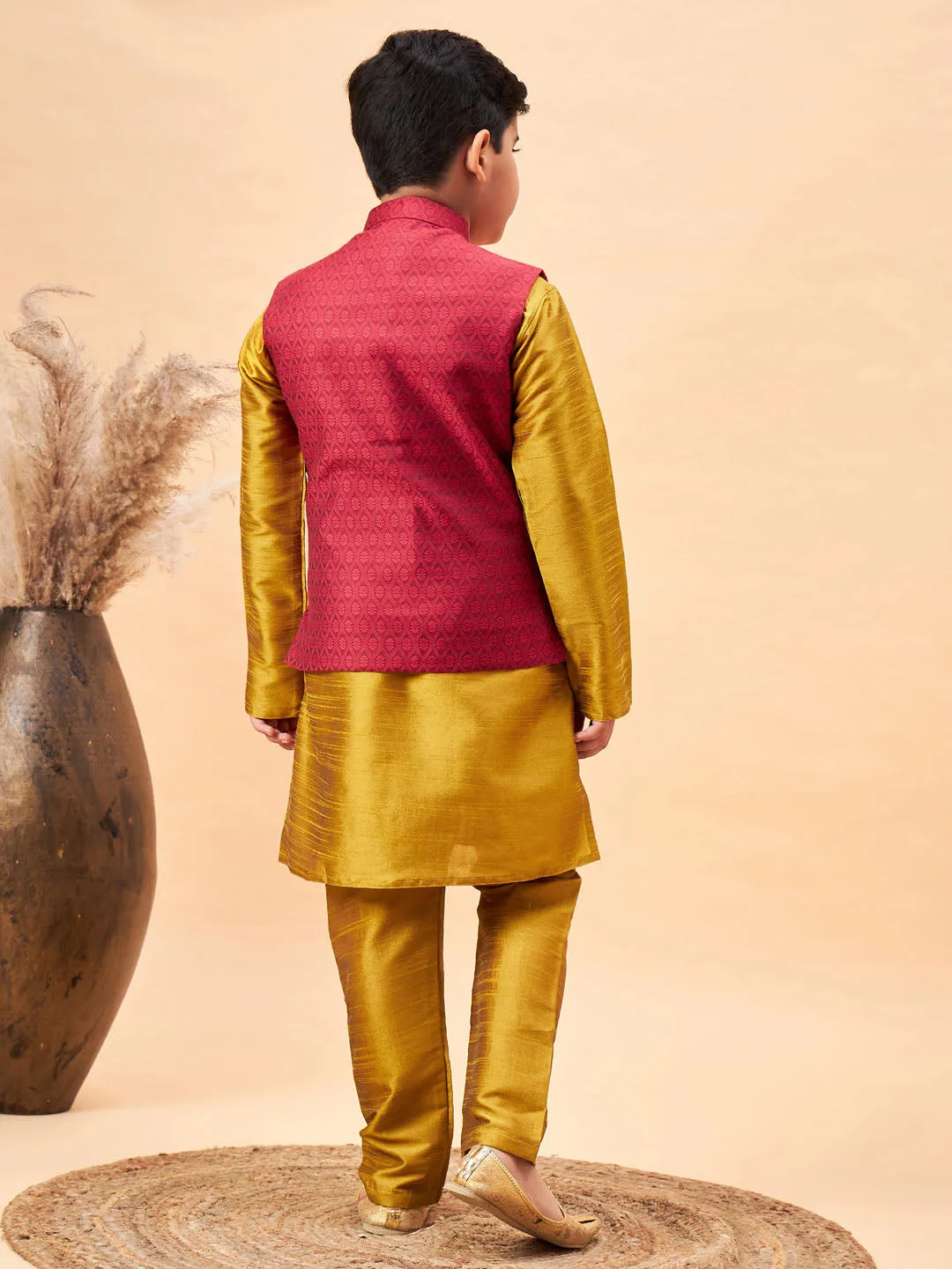 Jashvi Boy's Maroon Woven Jacket With Mustard Kurta and Pyjama Set