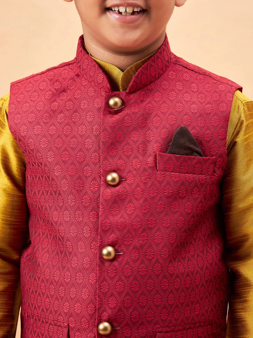 Jashvi Boy's Maroon Woven Jacket With Mustard Kurta and Pyjama Set