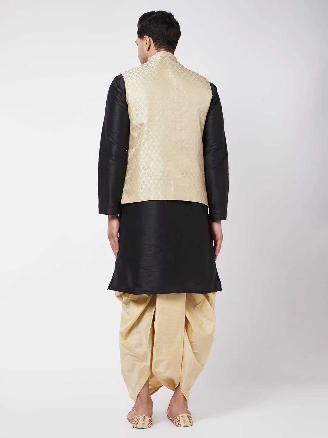 Jashvi Men's Black Silk Blend Jacket With Kurta Dhoti Set