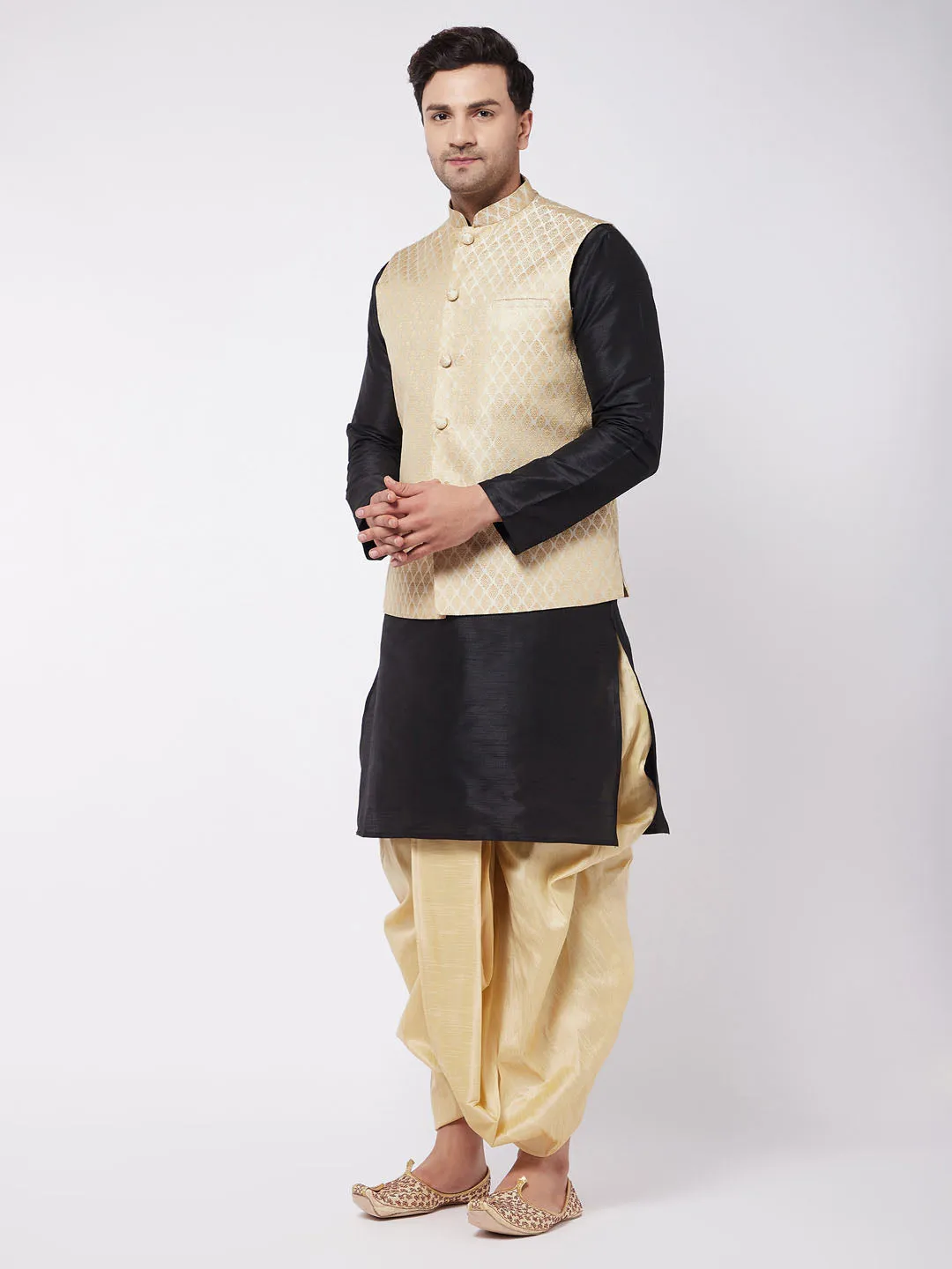 Jashvi Men's Black Silk Blend Jacket With Kurta Dhoti Set