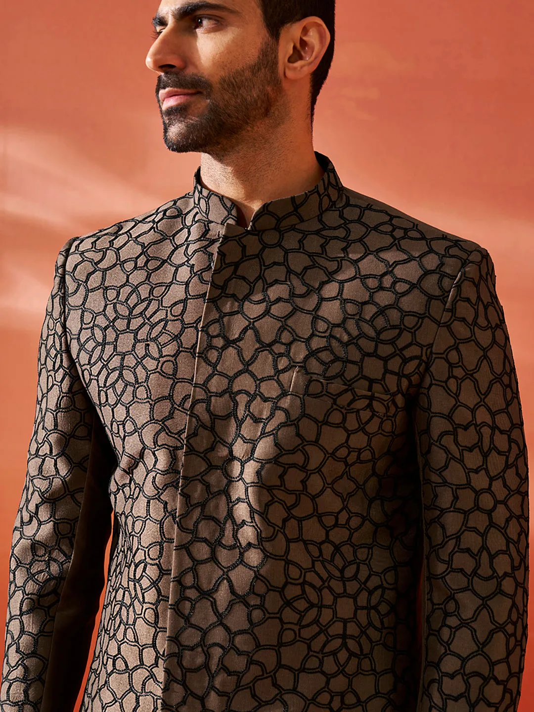 Jashvi Men's Coffee And Black Silk Blend Sherwani Set