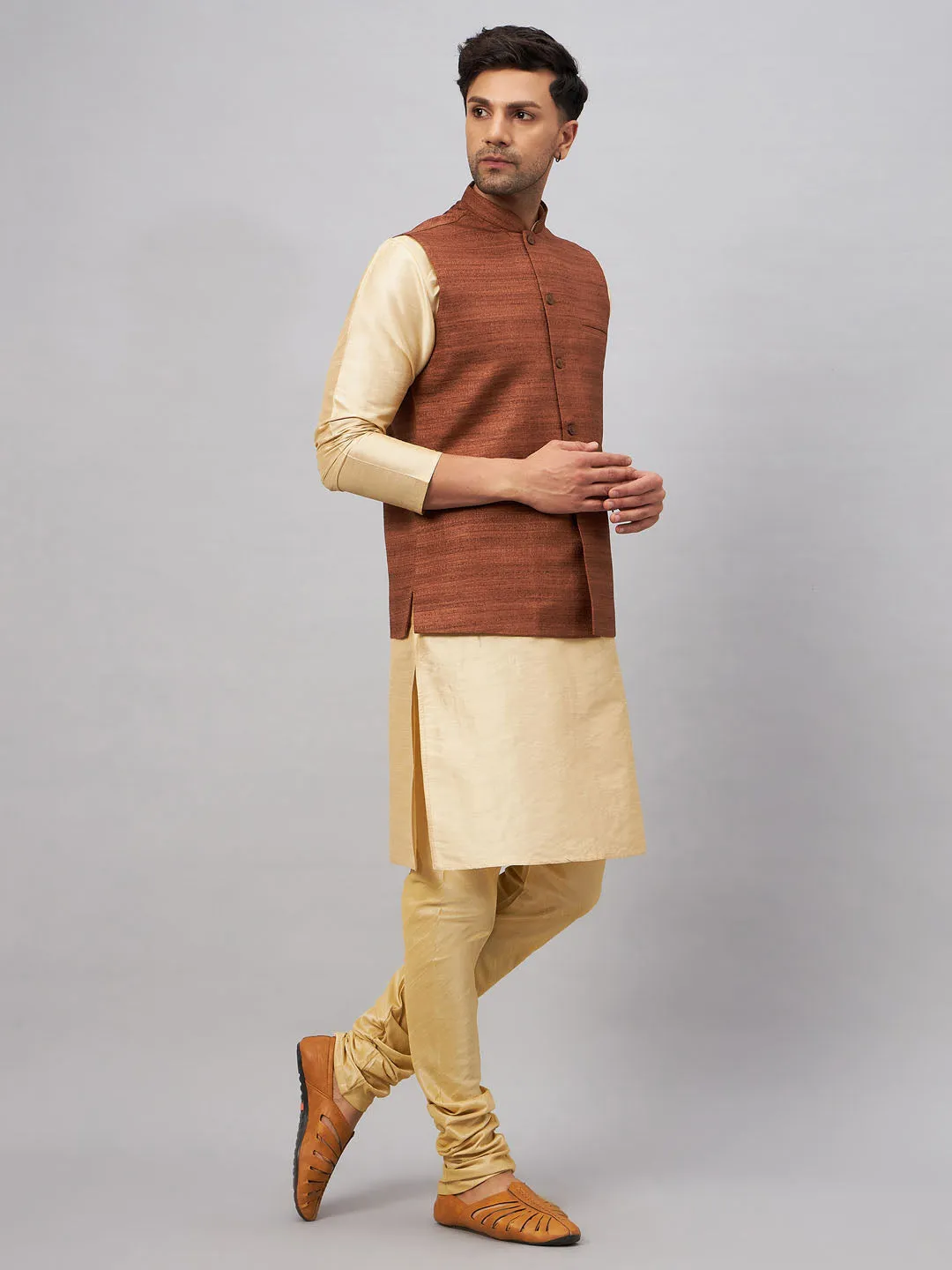 Jashvi Men's Coffee Jacket With Gold Kurta And Pyjama Set