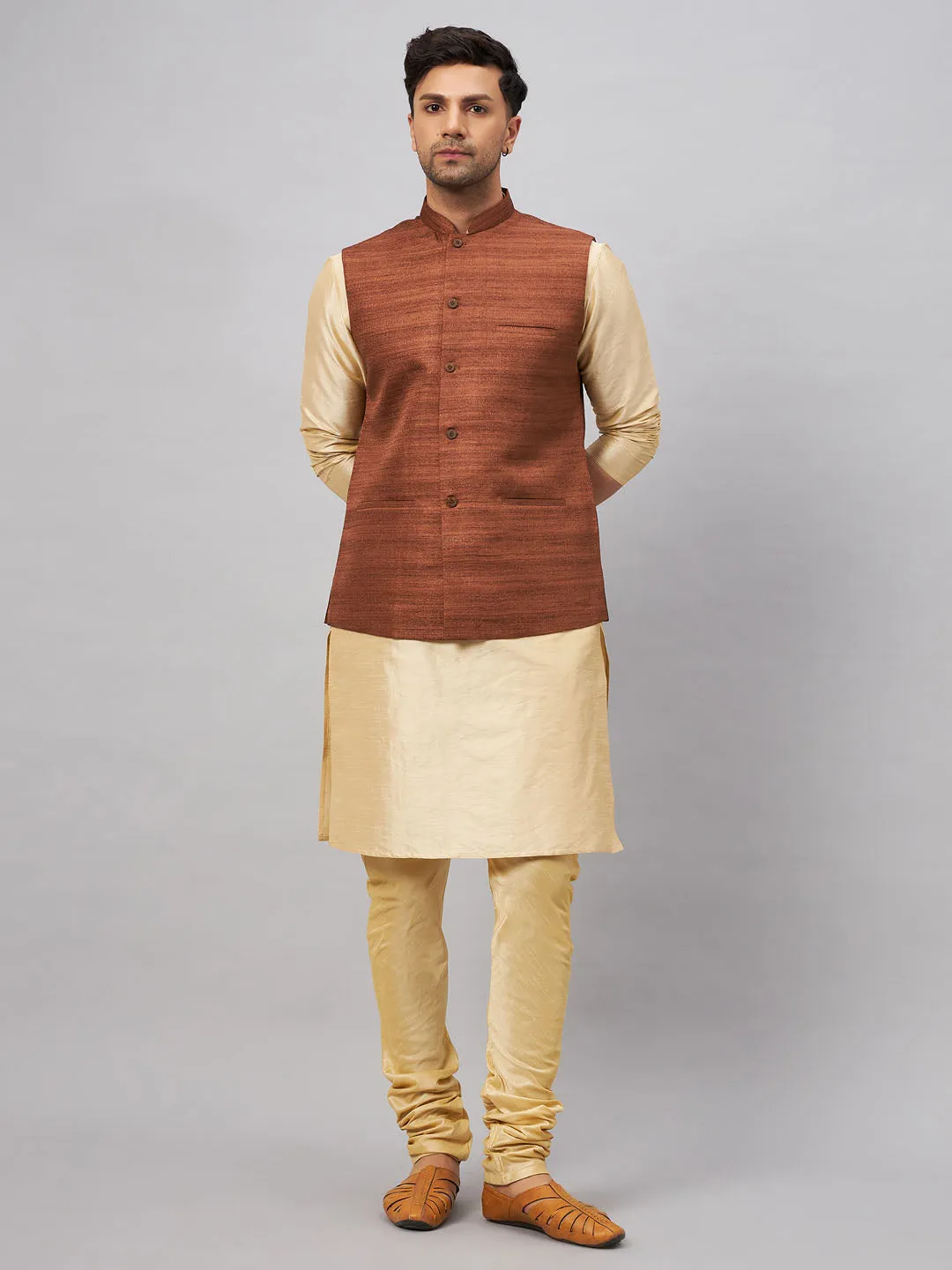 Jashvi Men's Coffee Jacket With Gold Kurta And Pyjama Set