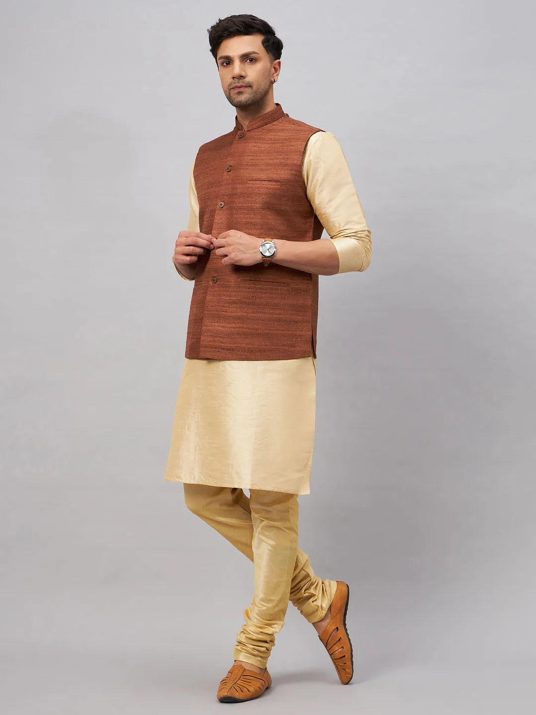 Jashvi Men's Coffee Jacket With Gold Kurta And Pyjama Set