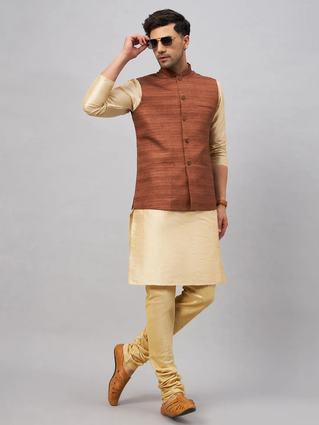 Jashvi Men's Coffee Jacket With Gold Kurta And Pyjama Set