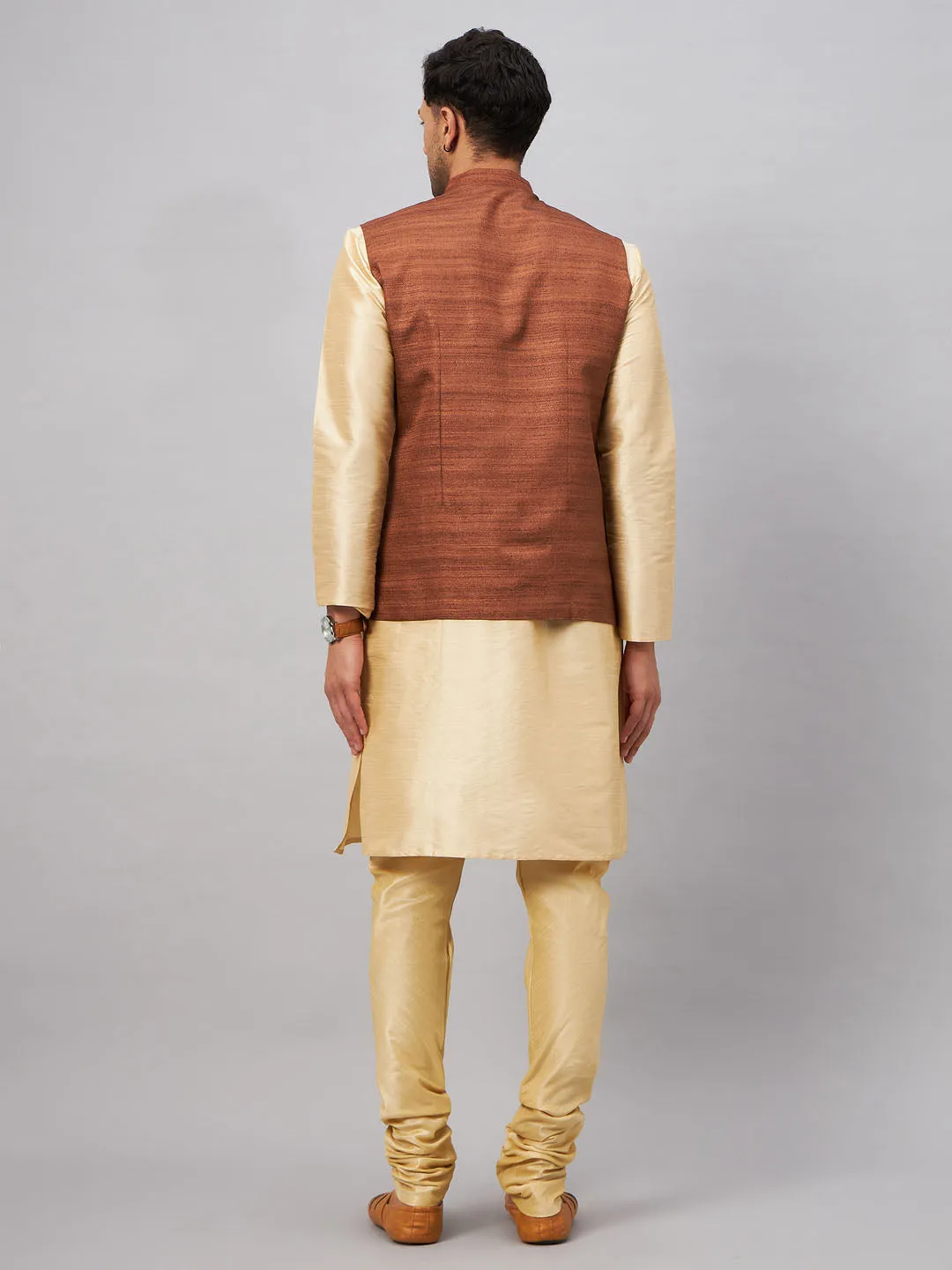 Jashvi Men's Coffee Jacket With Gold Kurta And Pyjama Set