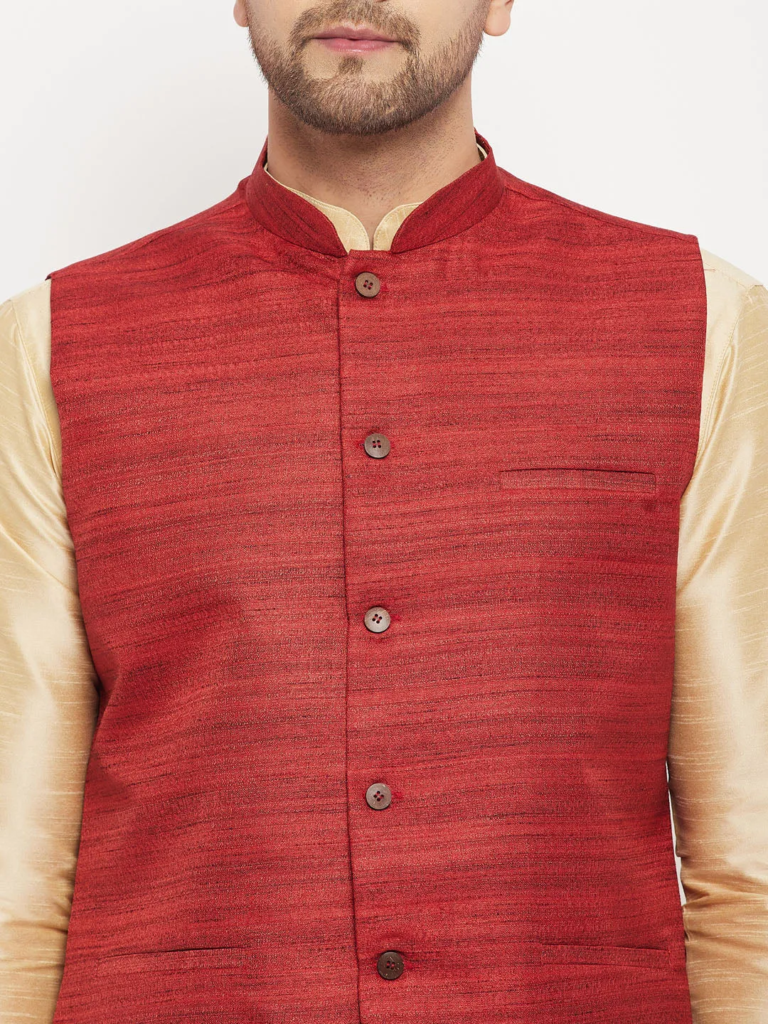 Jashvi Men's Maroon Matka Silk Nehru Jacket With Gold Silk Blend Kurta and Pant style Pyjama Set