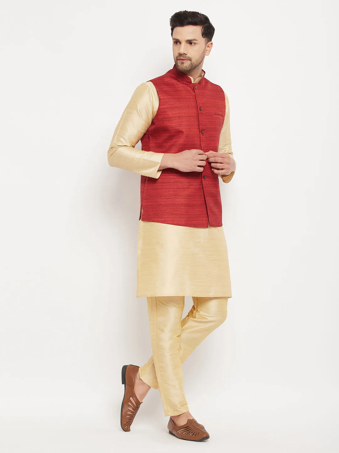 Jashvi Men's Maroon Matka Silk Nehru Jacket With Gold Silk Blend Kurta and Pant style Pyjama Set