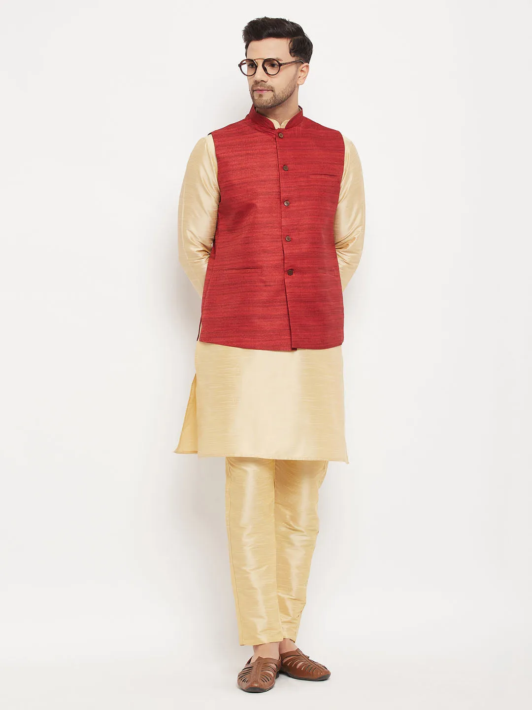 Jashvi Men's Maroon Matka Silk Nehru Jacket With Gold Silk Blend Kurta and Pant style Pyjama Set