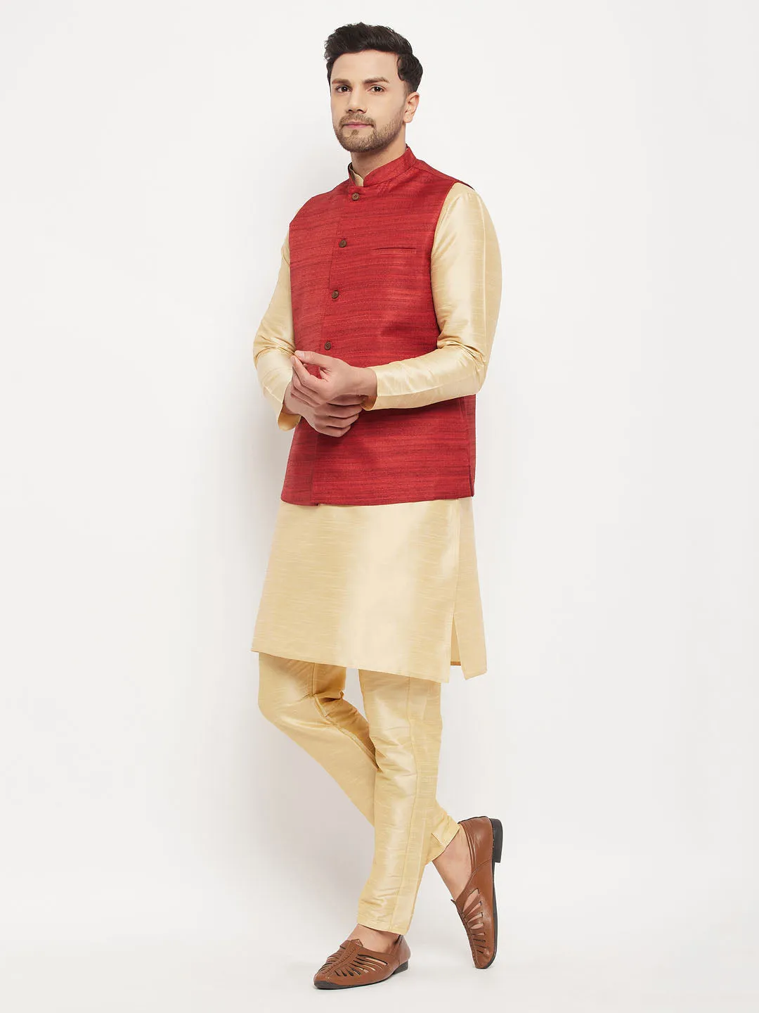 Jashvi Men's Maroon Matka Silk Nehru Jacket With Gold Silk Blend Kurta and Pant style Pyjama Set