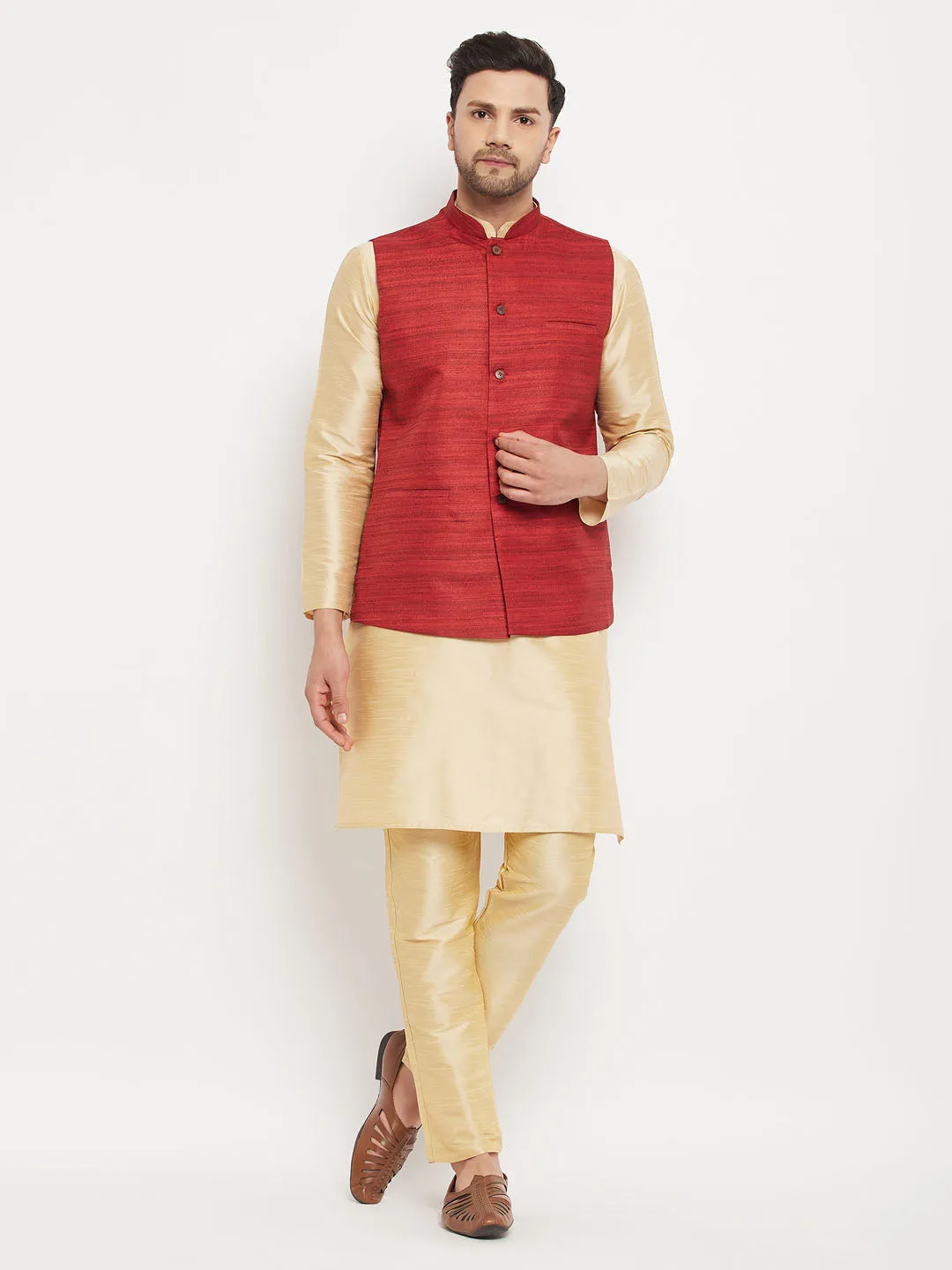 Jashvi Men's Maroon Matka Silk Nehru Jacket With Gold Silk Blend Kurta and Pant style Pyjama Set