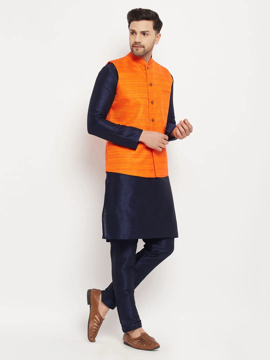 Jashvi Men's Orange Matka Silk Nehru Jacket With Navy Blue Silk Blend Kurta and Pant style Pyjama Set