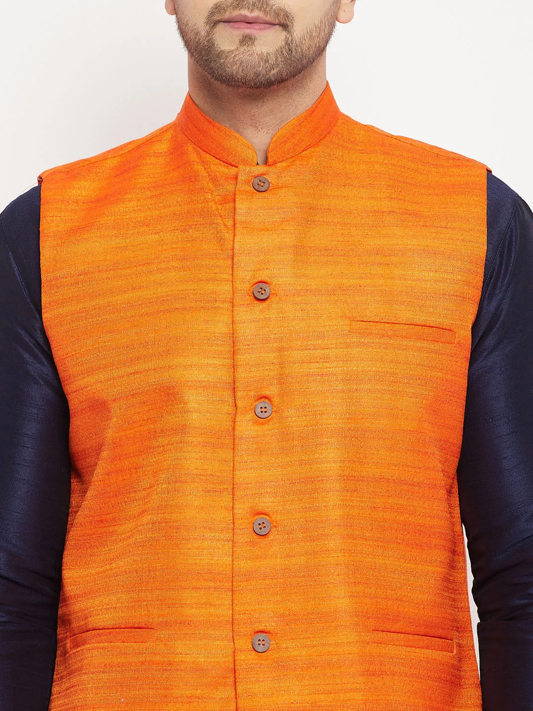 Jashvi Men's Orange Matka Silk Nehru Jacket With Navy Blue Silk Blend Kurta and Pant style Pyjama Set