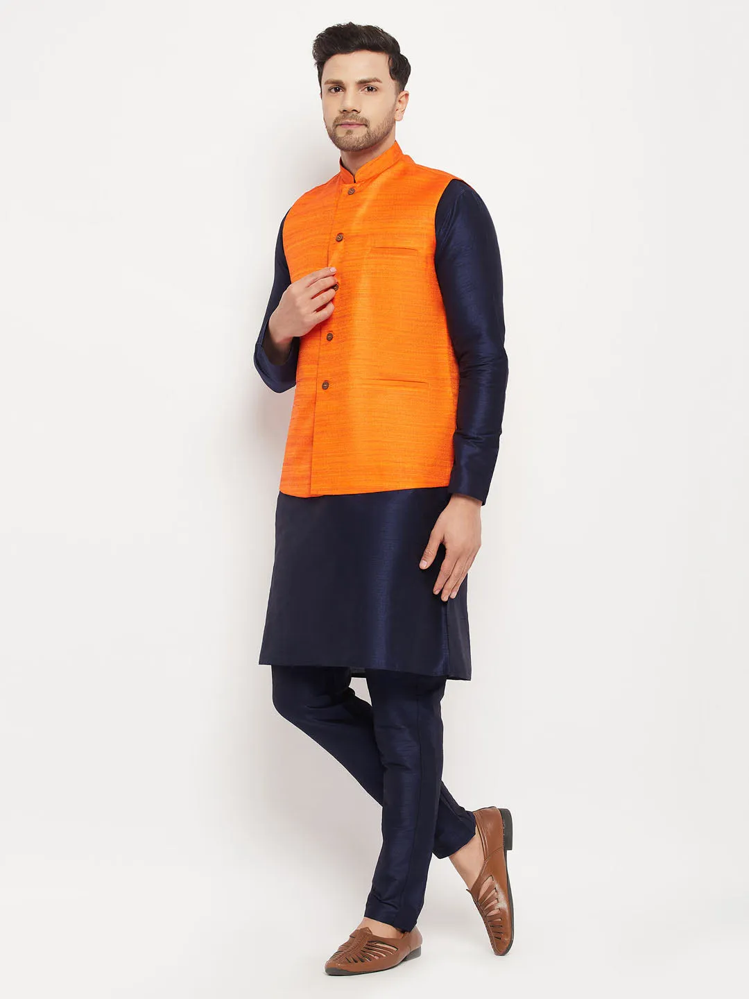 Jashvi Men's Orange Matka Silk Nehru Jacket With Navy Blue Silk Blend Kurta and Pant style Pyjama Set