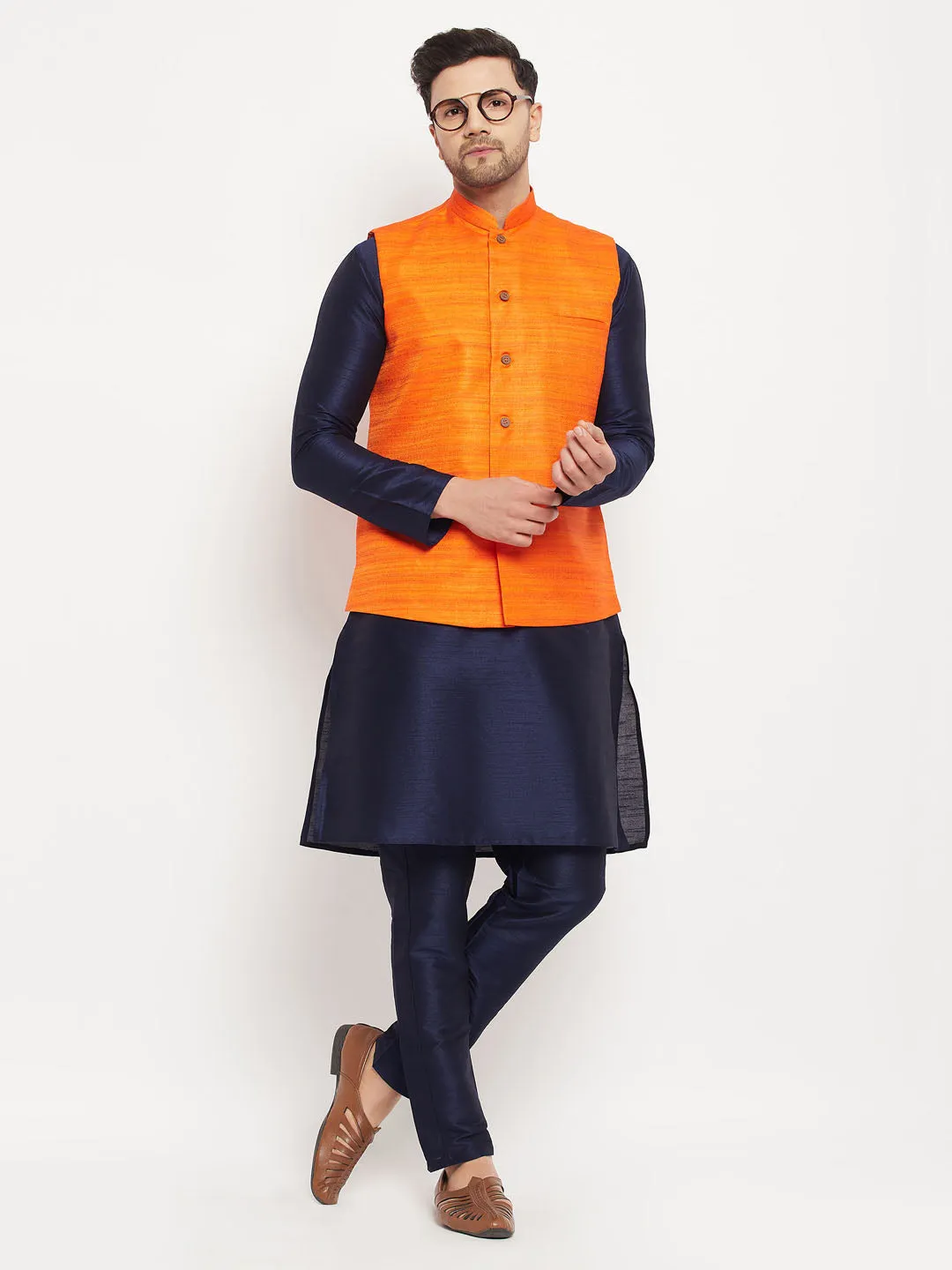 Jashvi Men's Orange Matka Silk Nehru Jacket With Navy Blue Silk Blend Kurta and Pant style Pyjama Set