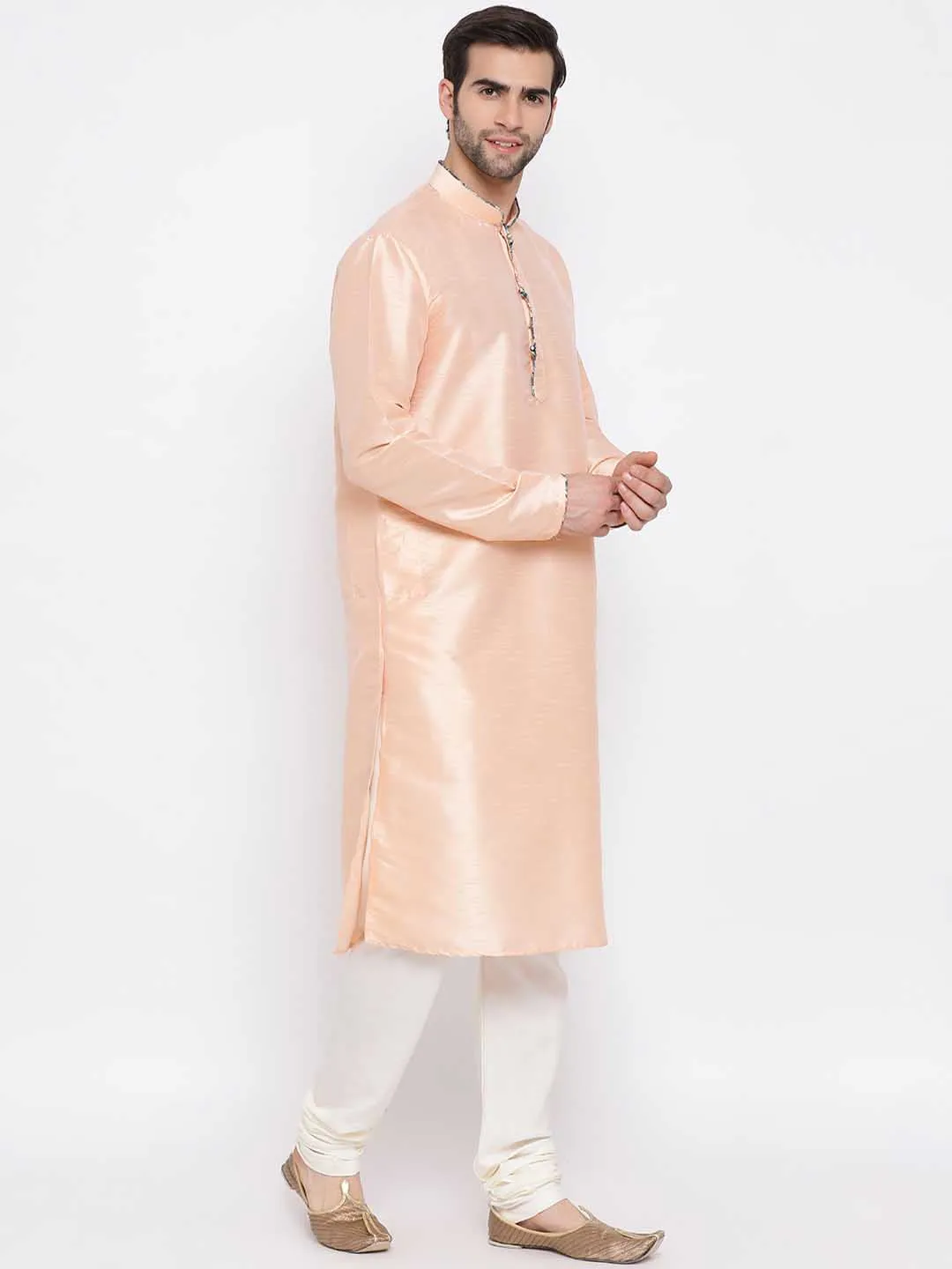 Jashvi Men's Peach Silk Kurta Pyjama Set