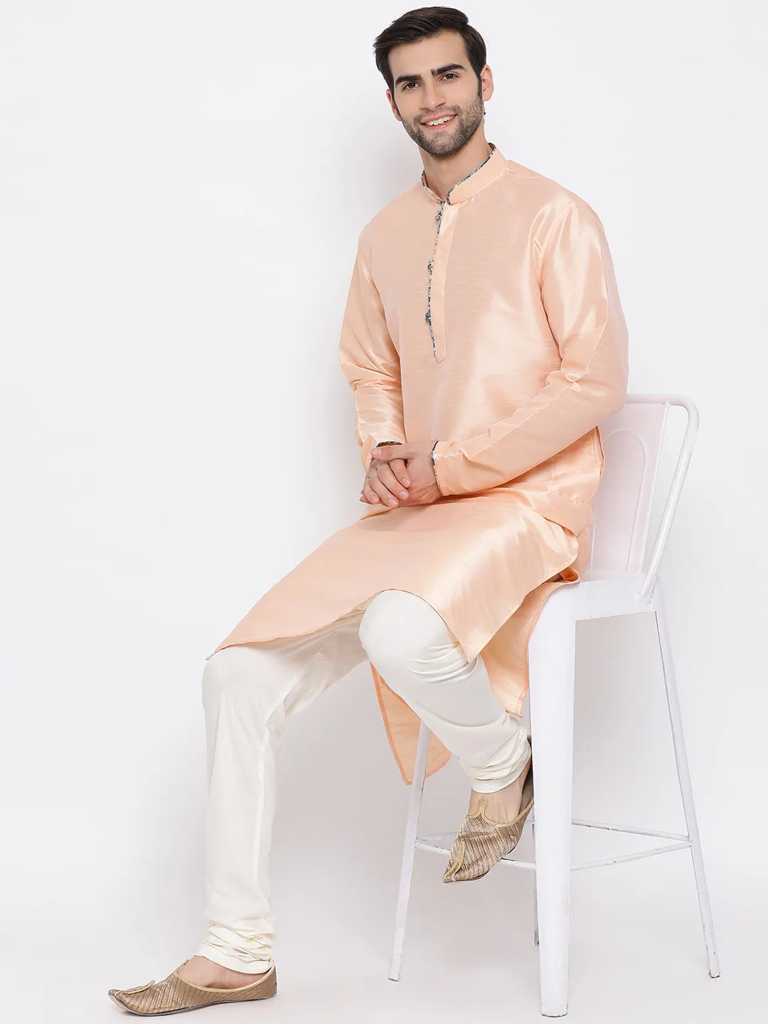 Jashvi Men's Peach Silk Kurta Pyjama Set