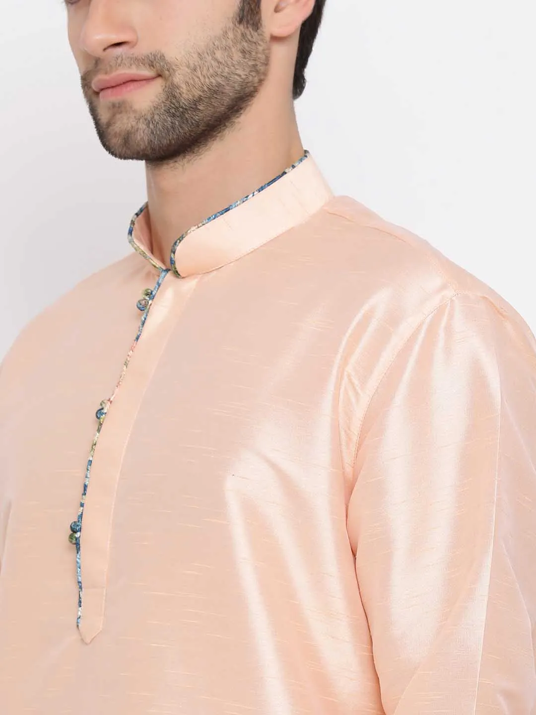 Jashvi Men's Peach Silk Kurta Pyjama Set