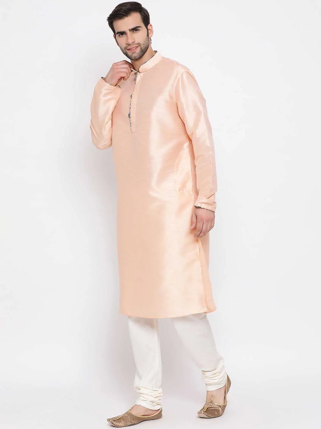 Jashvi Men's Peach Silk Kurta Pyjama Set