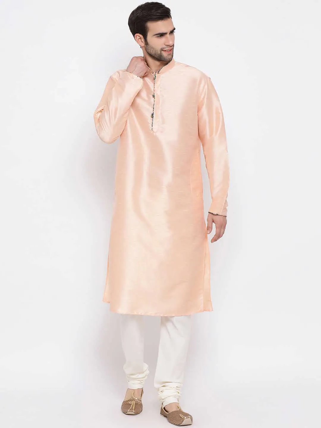 Jashvi Men's Peach Silk Kurta Pyjama Set