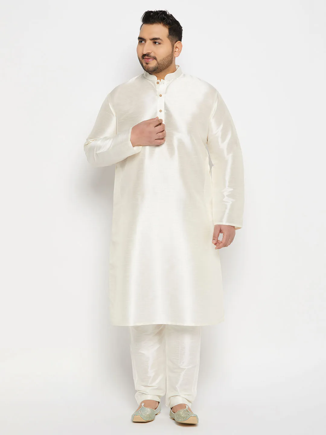 Jashvi Men's Plus Size Cream Silk Blend Kurta Pant Set