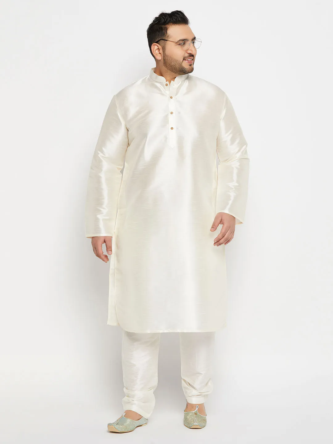 Jashvi Men's Plus Size Cream Silk Blend Kurta Pant Set