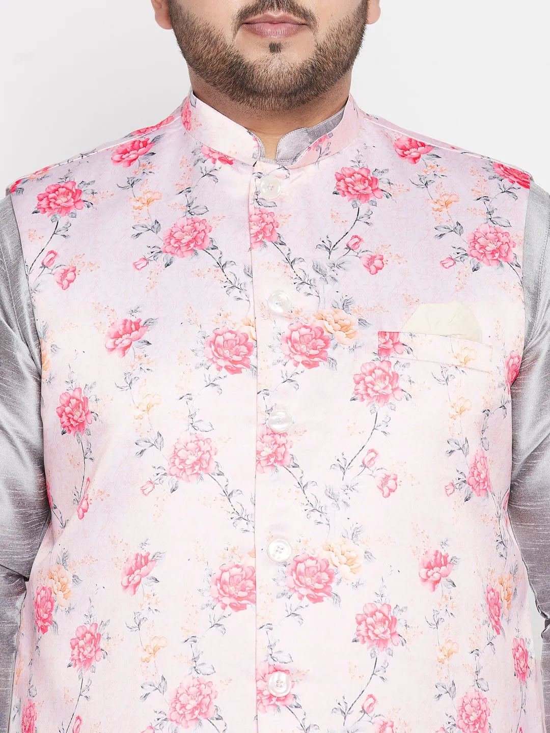 Jashvi Men's Plus Size Peach Floral printed Jacket With Grey Solid Kurta Pyjama Set