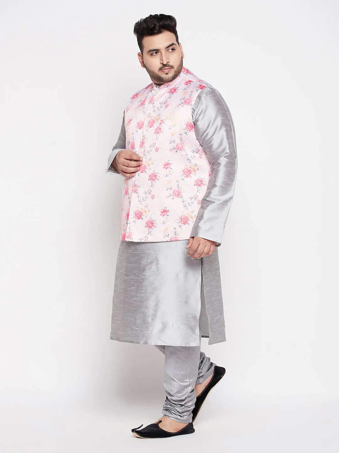 Jashvi Men's Plus Size Peach Floral printed Jacket With Grey Solid Kurta Pyjama Set