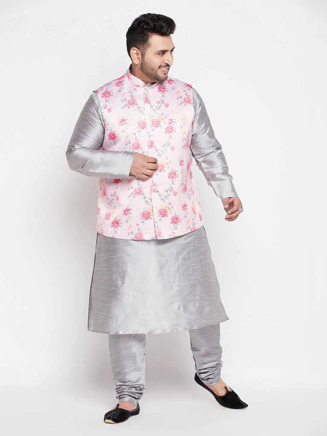 Jashvi Men's Plus Size Peach Floral printed Jacket With Grey Solid Kurta Pyjama Set