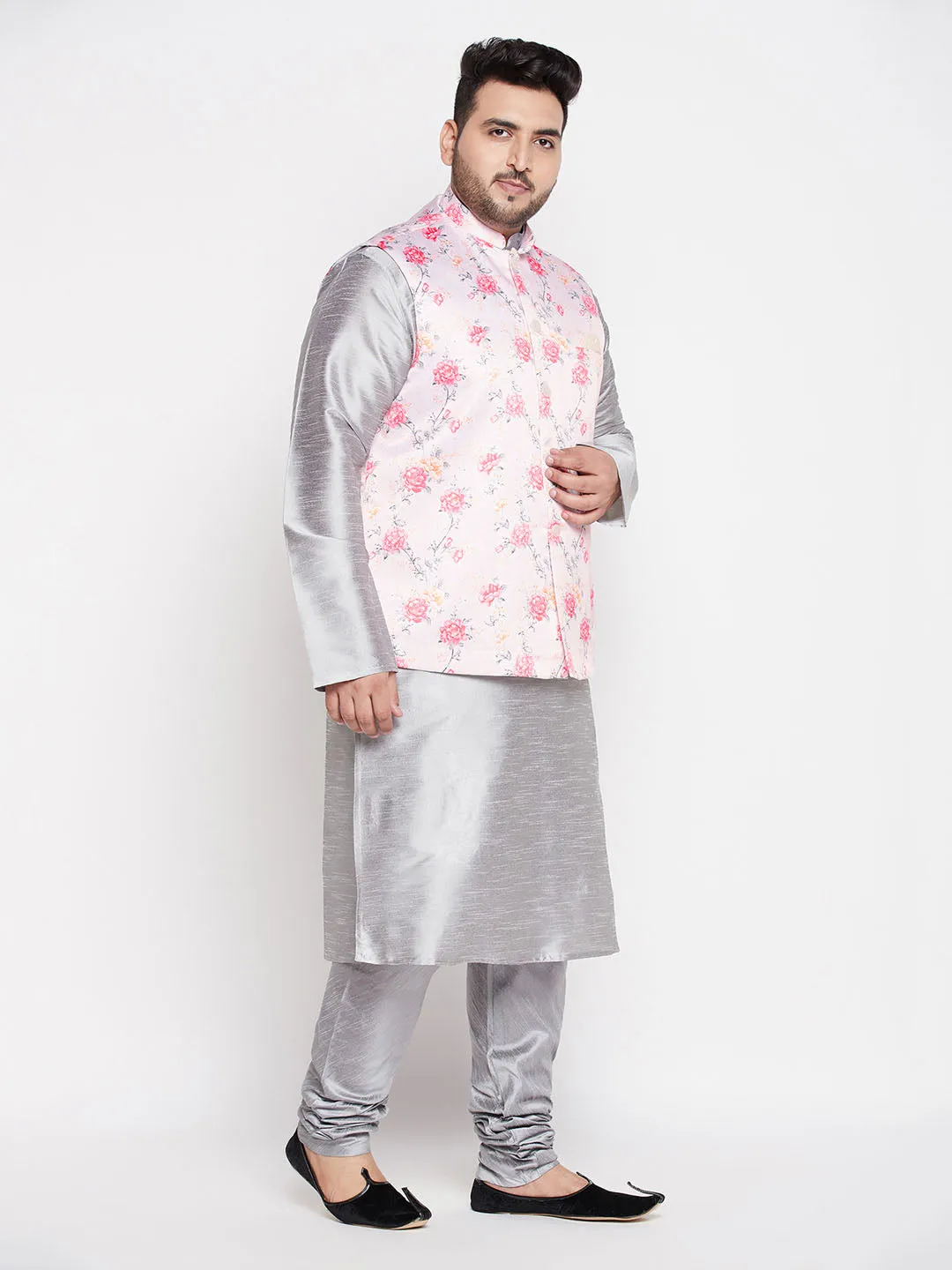 Jashvi Men's Plus Size Peach Floral printed Jacket With Grey Solid Kurta Pyjama Set