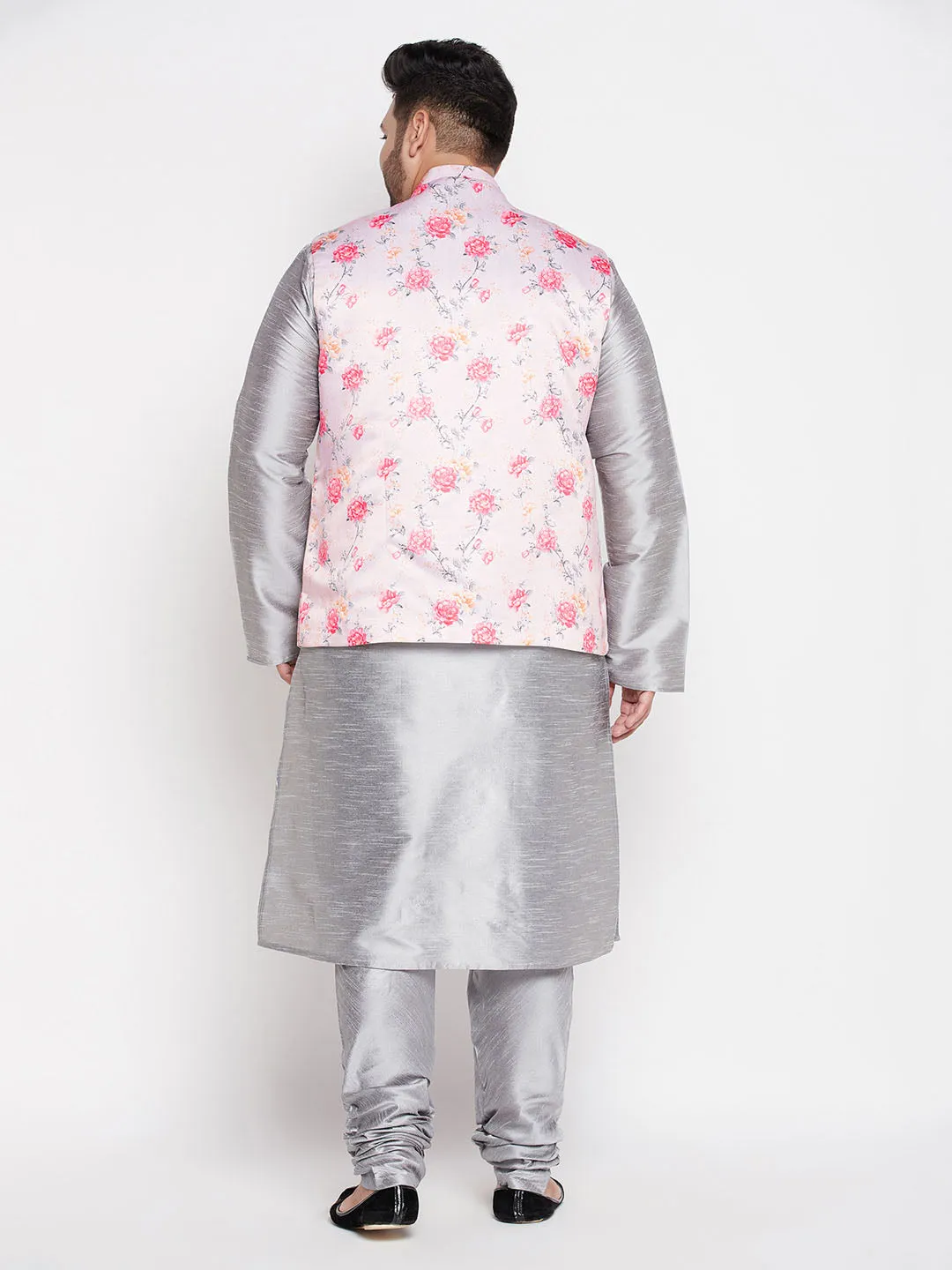 Jashvi Men's Plus Size Peach Floral printed Jacket With Grey Solid Kurta Pyjama Set