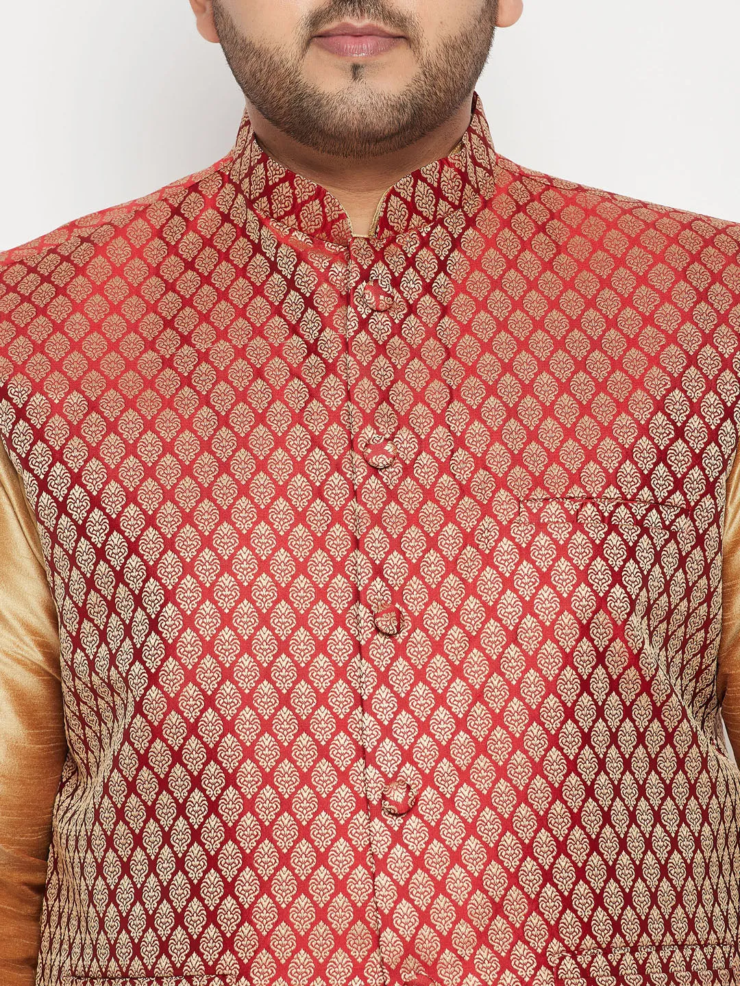 Jashvi Men's Plus Size Rose Gold and Maroon Woven Silk Blend Jacket Kurta Pyjama Set