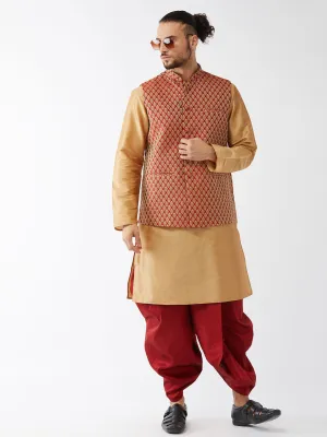 Jashvi Men's Rose Gold Silk Blend Kurta And Dhoti With Maroon Woven Nehru Jacket