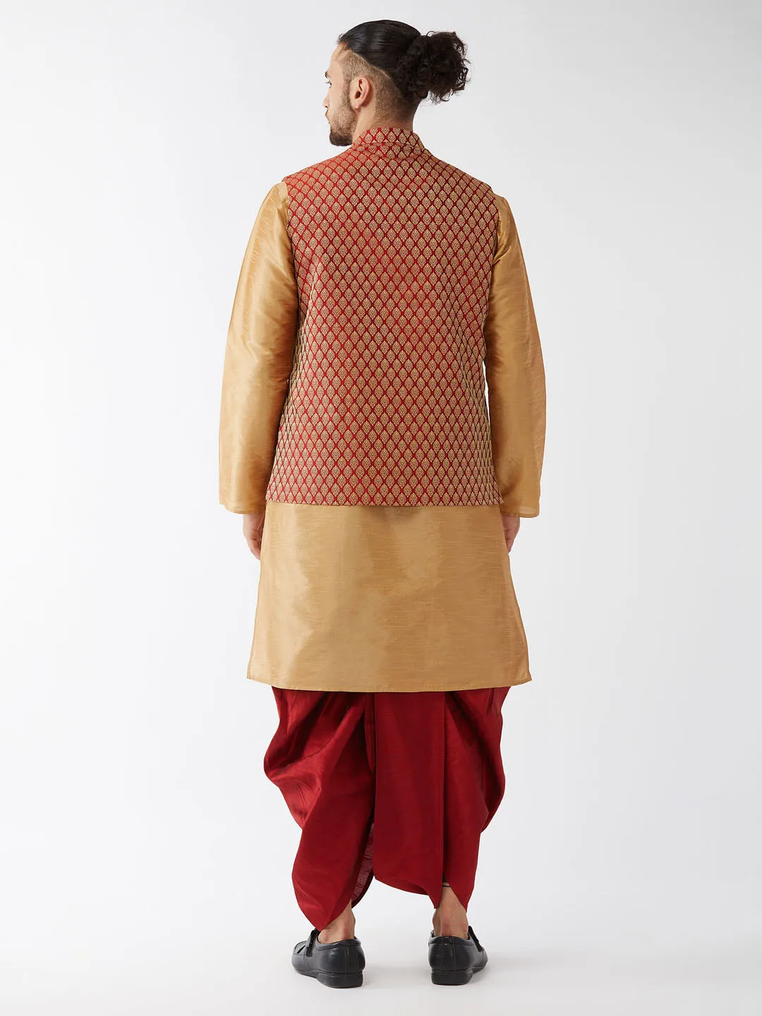 Jashvi Men's Rose Gold Silk Blend Kurta And Dhoti With Maroon Woven Nehru Jacket