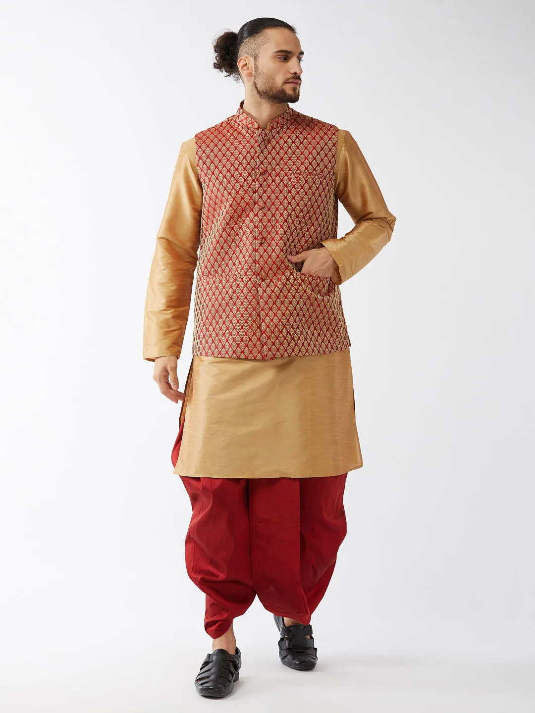 Jashvi Men's Rose Gold Silk Blend Kurta And Dhoti With Maroon Woven Nehru Jacket