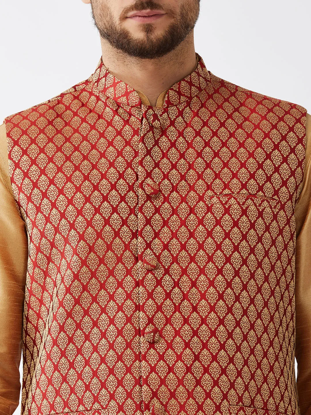 Jashvi Men's Rose Gold Silk Blend Kurta And Dhoti With Maroon Woven Nehru Jacket