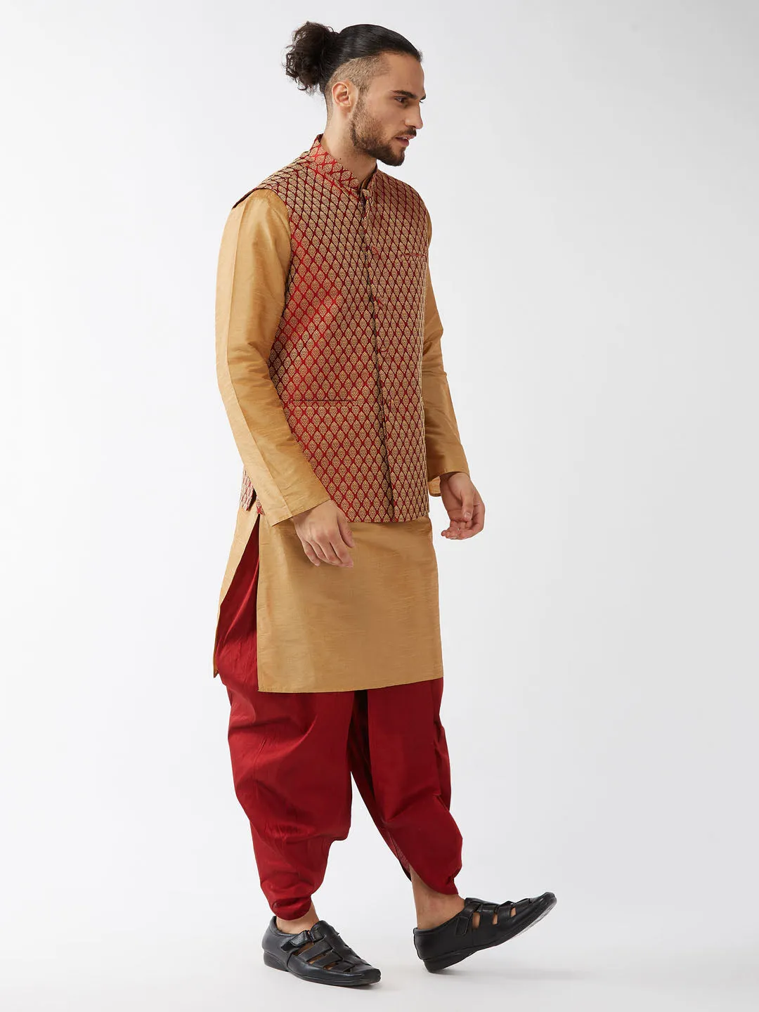 Jashvi Men's Rose Gold Silk Blend Kurta And Dhoti With Maroon Woven Nehru Jacket