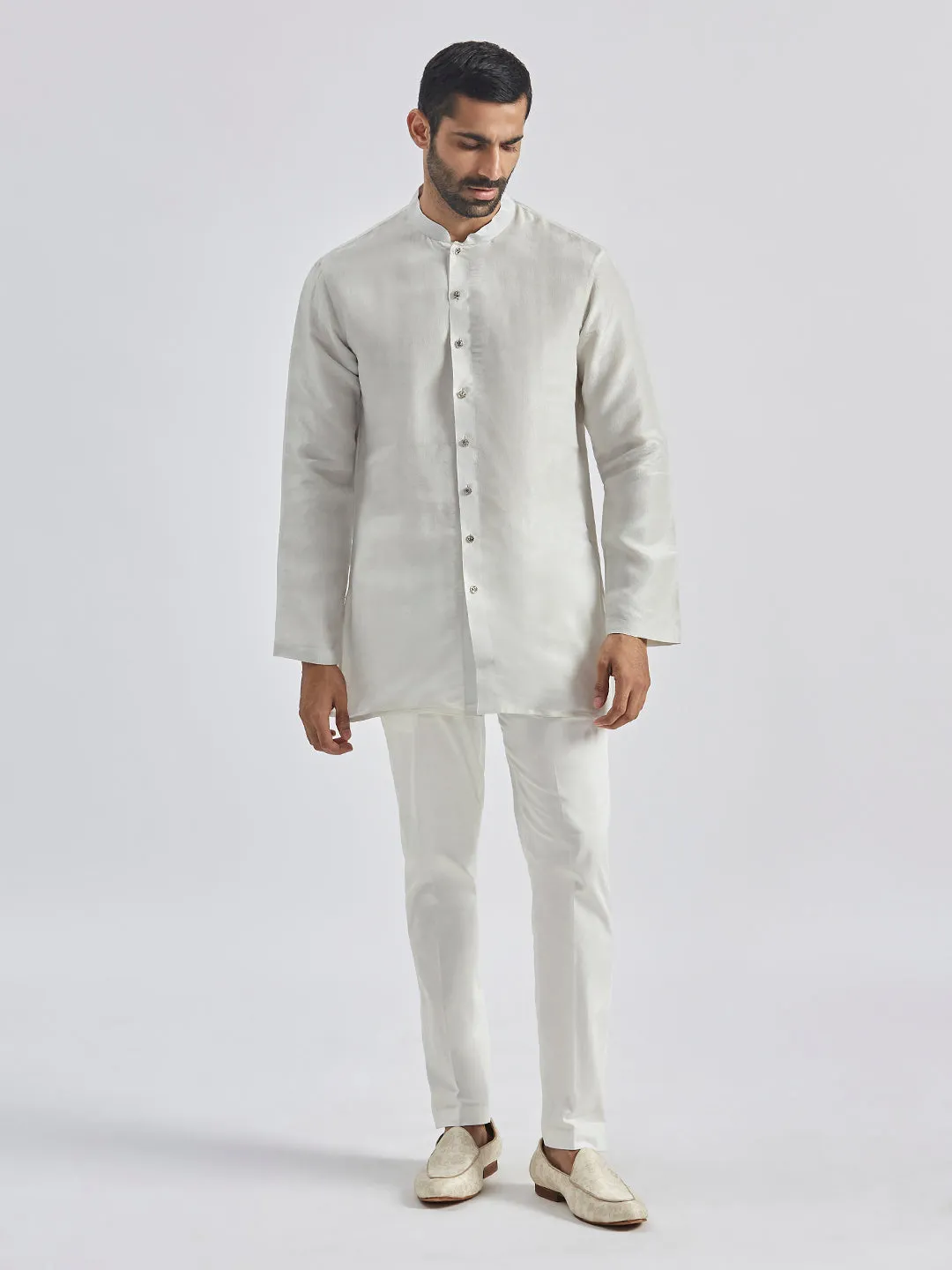 Jashvi Men's Silver Tissue Jodhpuri,Kurta And Pyjama Set