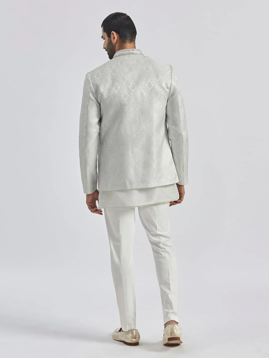 Jashvi Men's Silver Tissue Jodhpuri,Kurta And Pyjama Set