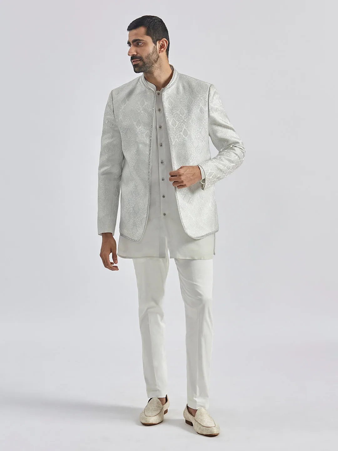 Jashvi Men's Silver Tissue Jodhpuri,Kurta And Pyjama Set