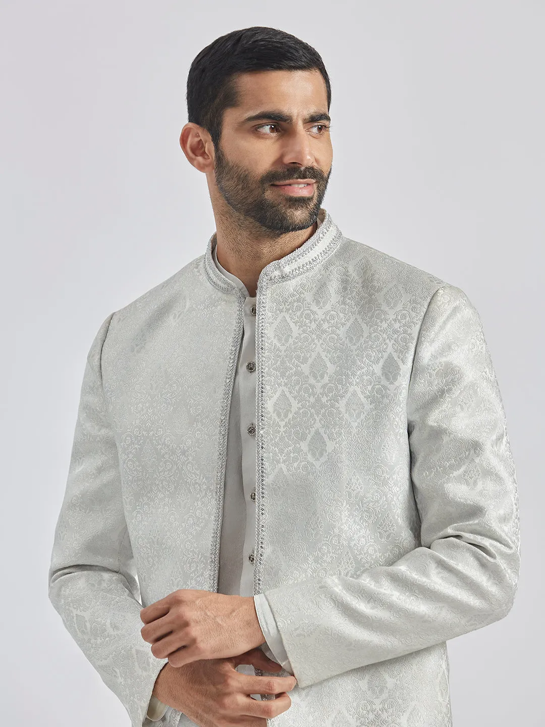 Jashvi Men's Silver Tissue Jodhpuri,Kurta And Pyjama Set