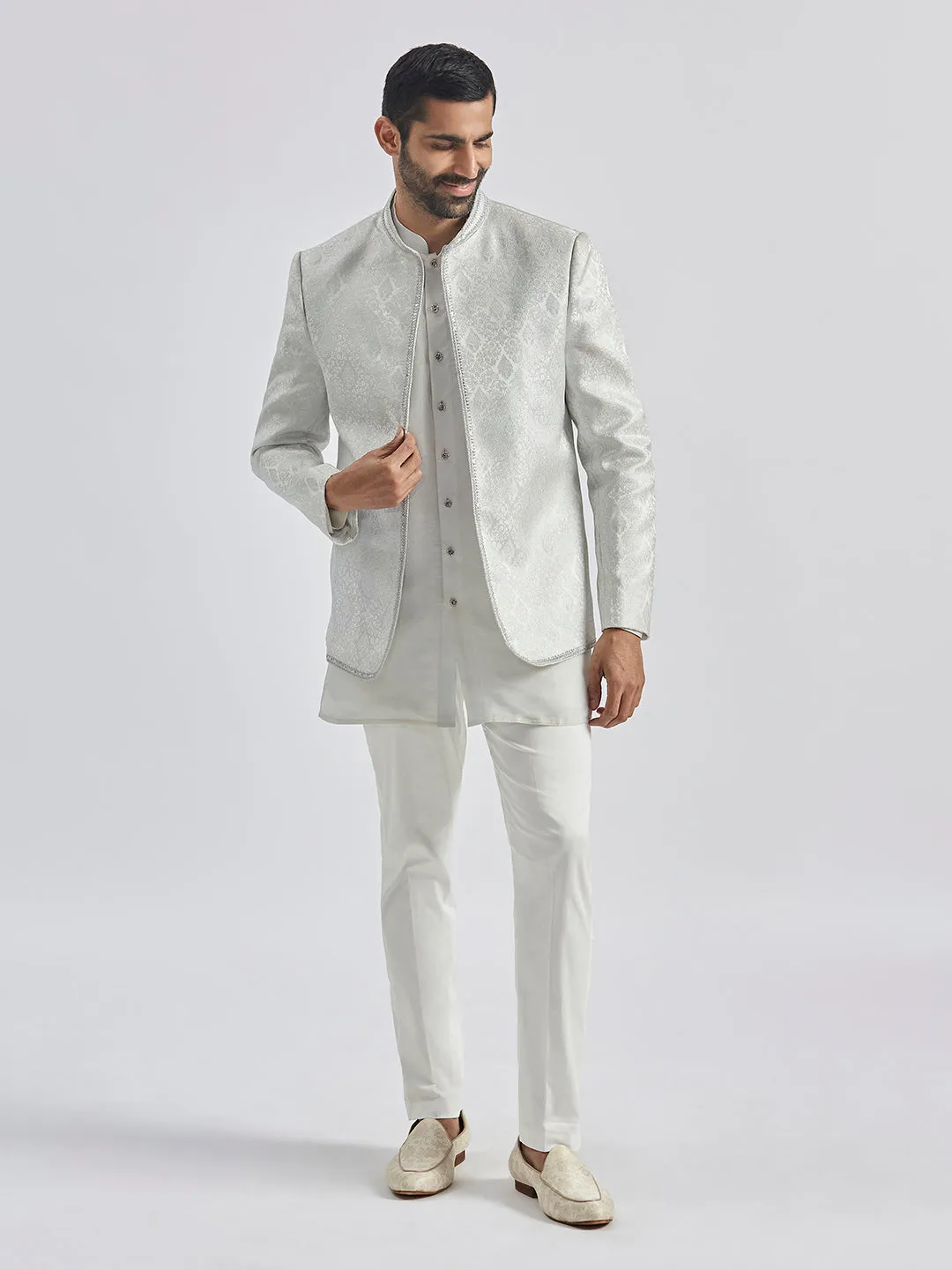 Jashvi Men's Silver Tissue Jodhpuri,Kurta And Pyjama Set