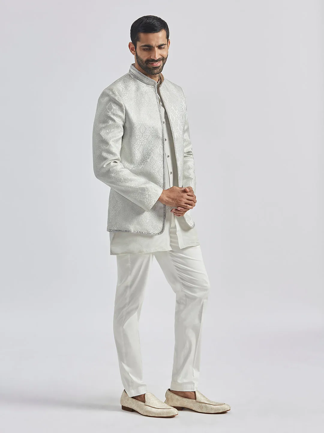 Jashvi Men's Silver Tissue Jodhpuri,Kurta And Pyjama Set