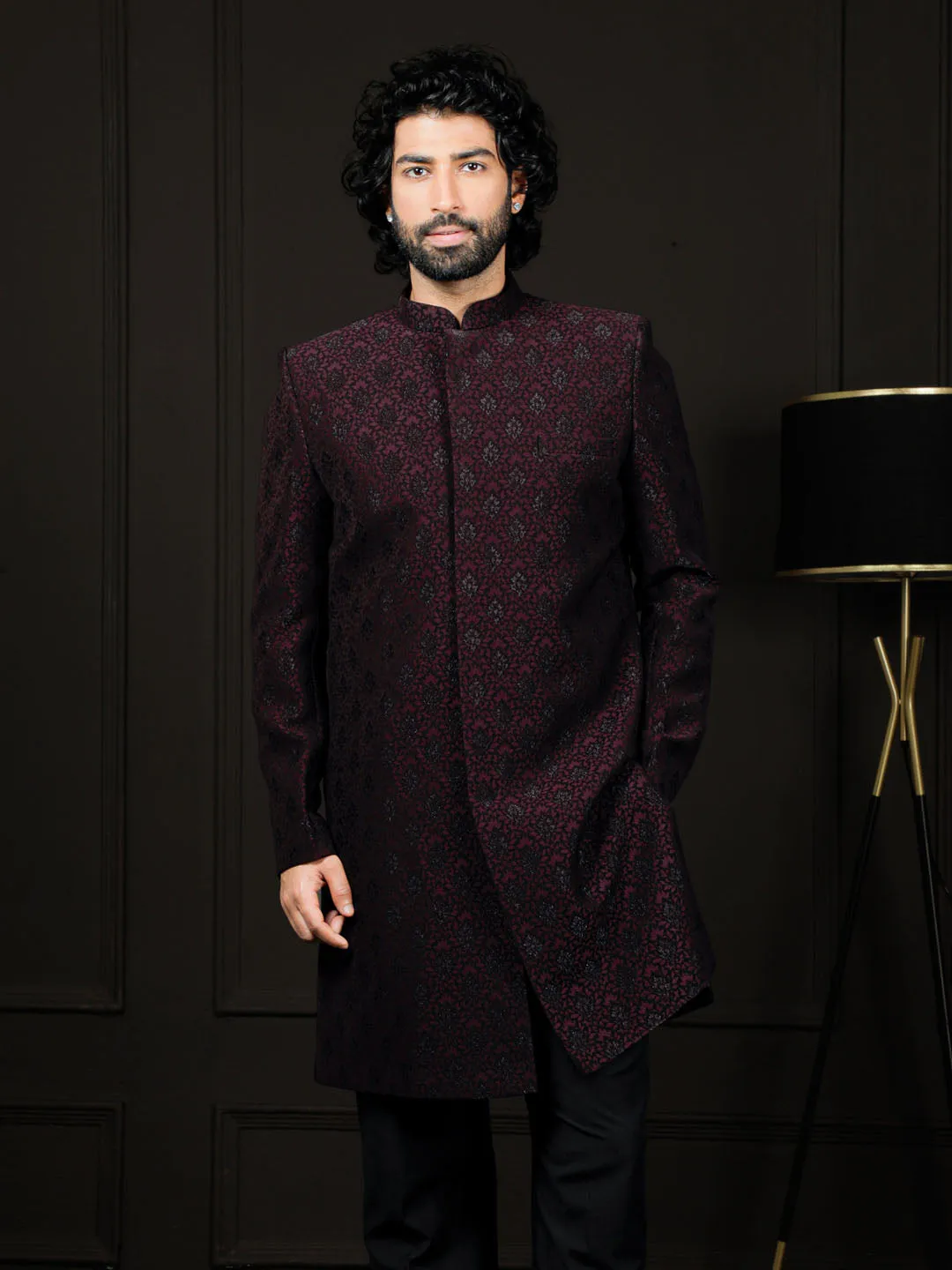 Jashvi Men's Wine Silk Blend Sherwani Only Top